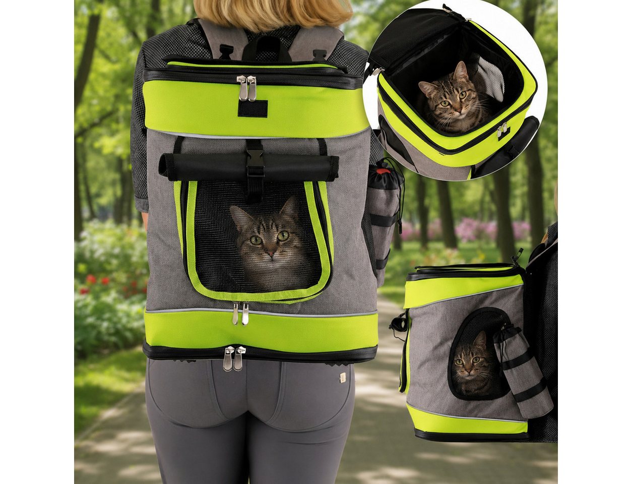 belviona Rucksack für Katzen bis 10 kg, mit Regenschutz, grau/grün (1-tlg), mit Belüftung, Trinkflaschenfach & Regenschutz Bild 2
