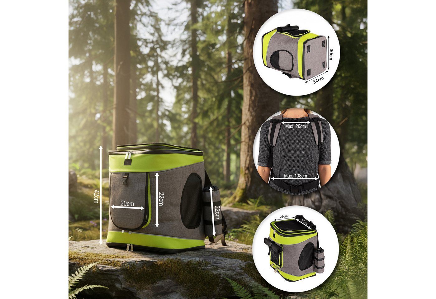 belviona Rucksack für Katzen bis 10 kg, mit Regenschutz, grau/grün (1-tlg), mit Belüftung, Trinkflaschenfach & Regenschutz Bild 4
