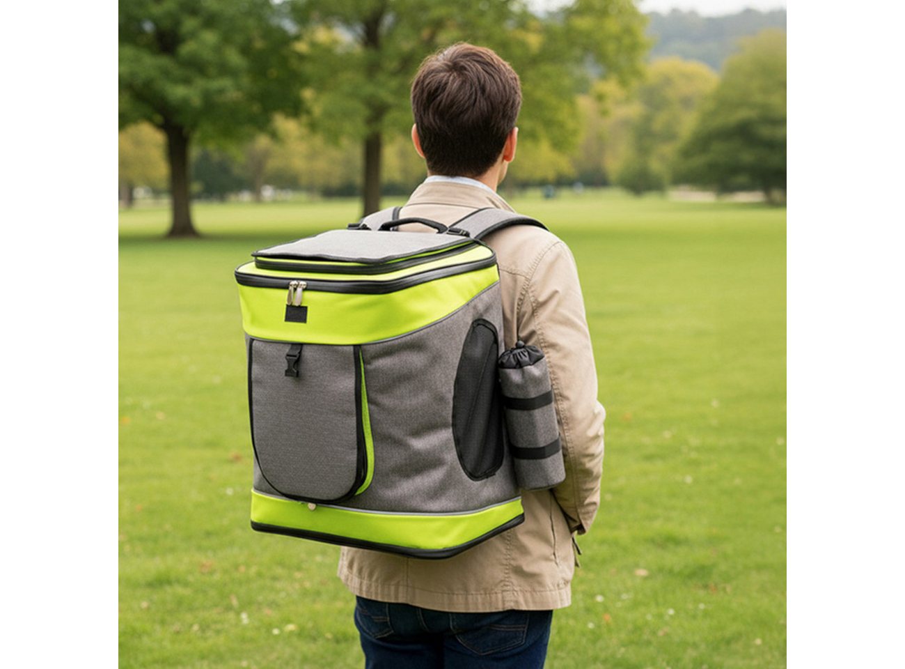 belviona Rucksack für Katzen bis 10 kg, mit Regenschutz, grau/grün (1-tlg), mit Belüftung, Trinkflaschenfach & Regenschutz Bild 5