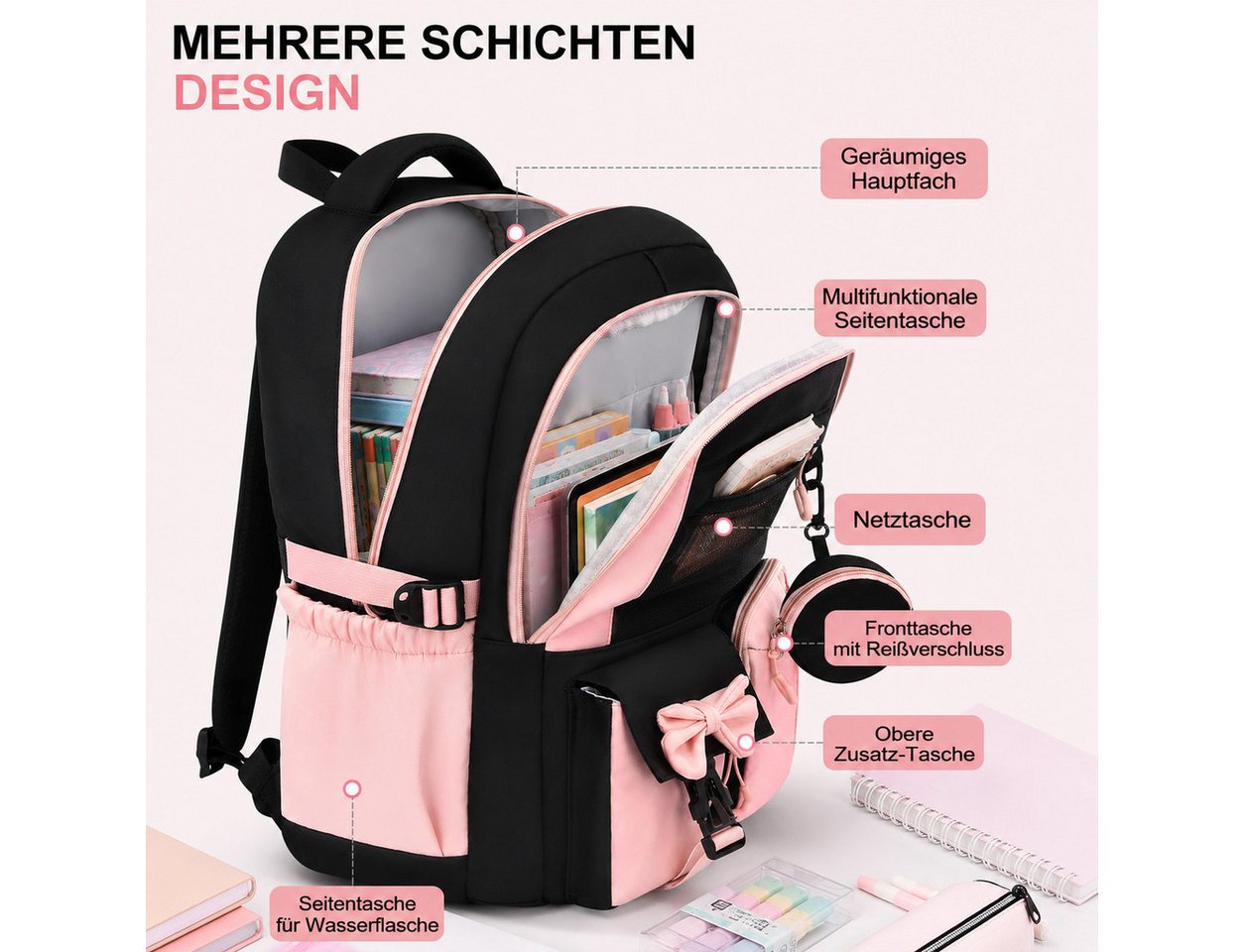 MOPUEA Schulrucksack Schulrucksack-Set Schultasche Teenager Turnbeutel (3-tlg., mit isolierter Lunchtasche, abnehmbarem Münzbeutel & Federmappe), Süße Schultasche Mit Schleife, Langlebiges Material & pflegeleicht