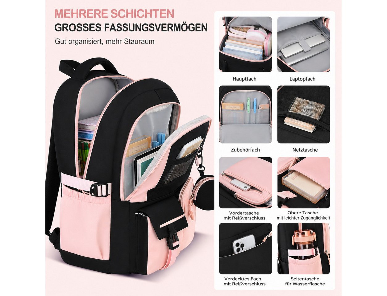 MOPUEA Schulrucksack Schulrucksack-Set Schultasche Teenager Turnbeutel (3-tlg., mit isolierter Lunchtasche, abnehmbarem Münzbeutel & Federmappe), Süße Schultasche Mit Schleife, Langlebiges Material & pflegeleicht Bild 2