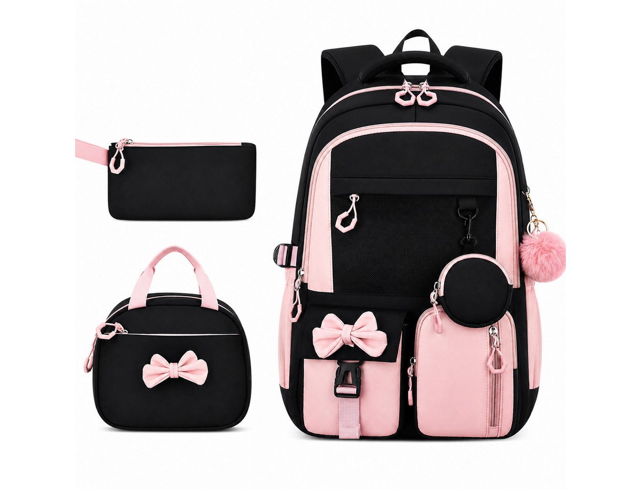 MOPUEA Schulrucksack Schulrucksack-Set Schultasche Teenager Turnbeutel (3-tlg., mit isolierter Lunchtasche, abnehmbarem Münzbeutel & Federmappe), Süße Schultasche Mit Schleife, Langlebiges Material & pflegeleicht Bild 3