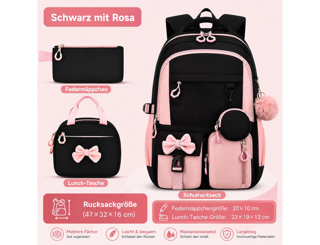 MOPUEA Schulrucksack Schulrucksack-Set Schultasche Teenager Turnbeutel (3-tlg., mit isolierter Lunchtasche, abnehmbarem Münzbeutel & Federmappe), Süße Schultasche Mit Schleife, Langlebiges Material & pflegeleicht Bild 4