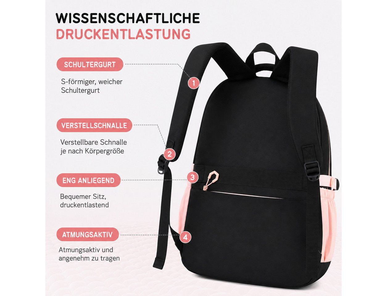 MOPUEA Schulrucksack Schulrucksack-Set Schultasche Teenager Turnbeutel (3-tlg., mit isolierter Lunchtasche, abnehmbarem Münzbeutel & Federmappe), Süße Schultasche Mit Schleife, Langlebiges Material & pflegeleicht Bild 5