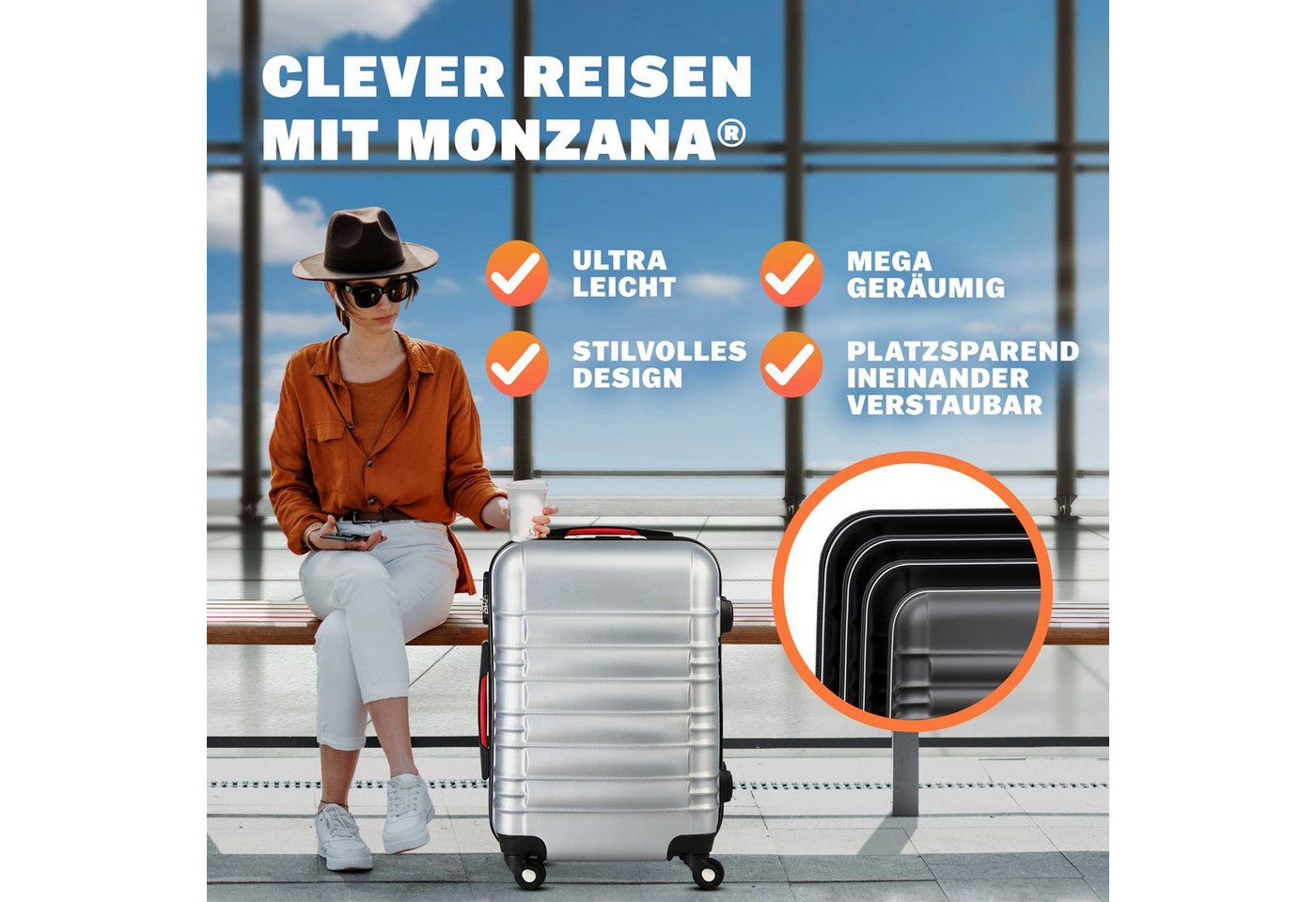 monzana Kofferset, 4 Rollen Rollen, (4 tlg), Hartschalen Koffer S-M-L-XL Gel-Griffe 4 Rollen ABS Hardcase Bild 4