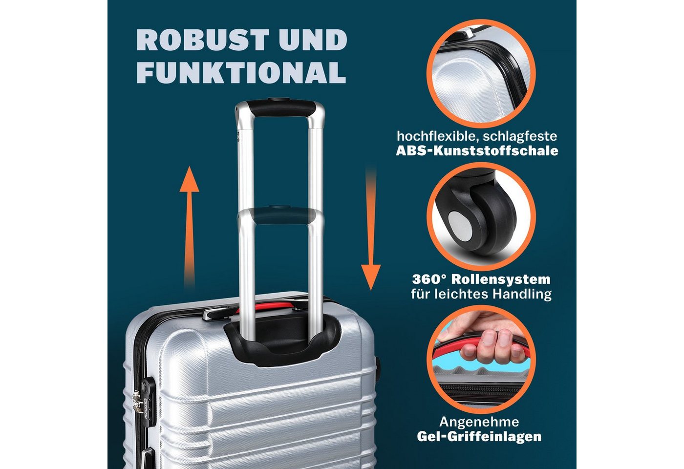 monzana Kofferset, 4 Rollen Rollen, (4 tlg), Hartschalen Koffer S-M-L-XL Gel-Griffe 4 Rollen ABS Hardcase Bild 5