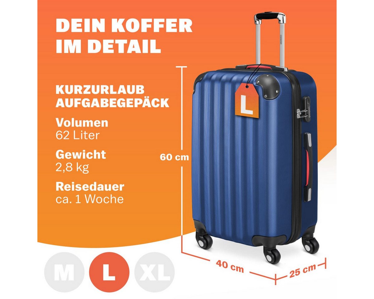 monzana Hartschalen-Trolley, 4 Rollen Rollen, Rollkoffer Zahlenschloss Reisekoffer Hartschalenkoffer Trolley Blau L