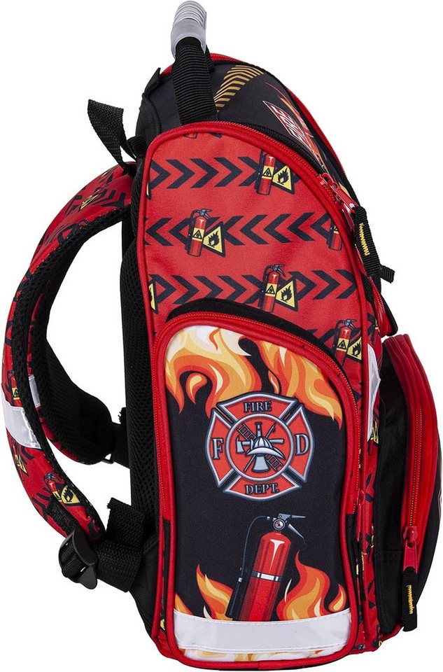 GOLDKIDS Schulranzen Feuerwehr Firefighters Grundschule (ergonomischer Ranzen Federmappe, 1-tlg., Federtasche Federmäppchen ohne), Inhalt Turnbeutel Zuckertüte 4er Set Fire Bild 2