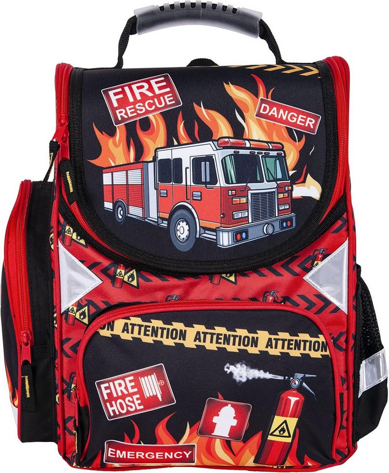GOLDKIDS Schulranzen Feuerwehr Firefighters Grundschule (ergonomischer Ranzen Federmappe, 1-tlg., Federtasche Federmäppchen ohne), Inhalt Turnbeutel Zuckertüte 4er Set Fire Bild 3