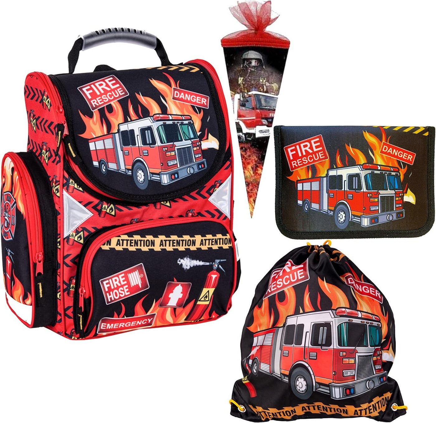 GOLDKIDS Schulranzen Feuerwehr Firefighters Grundschule (ergonomischer Ranzen Federmappe, 1-tlg., Federtasche Federmäppchen ohne), Inhalt Turnbeutel Zuckertüte 4er Set Fire Bild 5