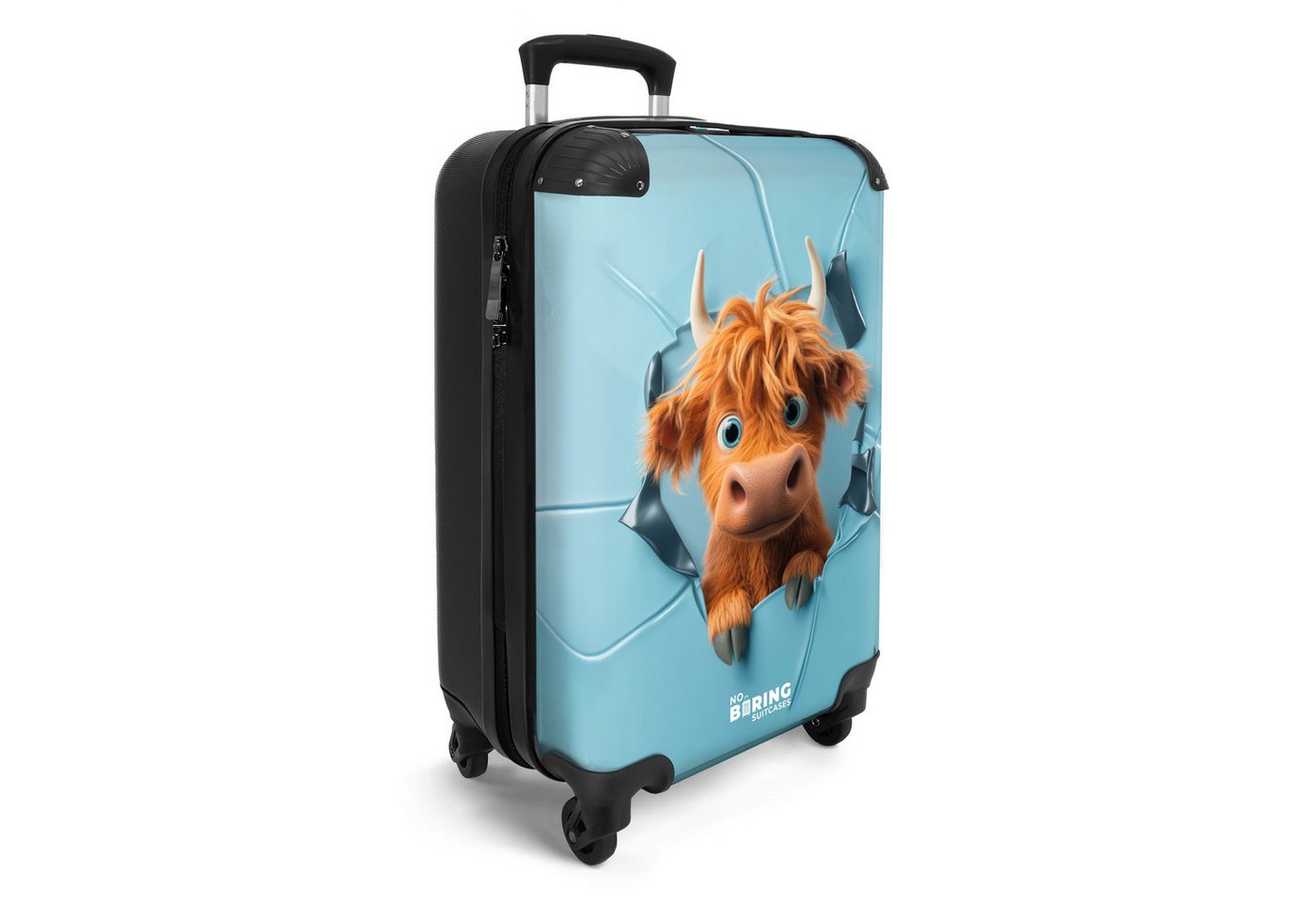 NoBoringSuitcases.com© Kinderkoffer Cartoonistische Kuh durchbricht Wand 55x35x20cm, 4 Rollen, Kinder Koffer Klein, Trolley Handgepäck, Reisekoffer Bild 5