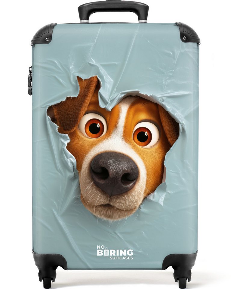 NoBoringSuitcases.com© Kinderkoffer Brauner Hund durch zerrissenes blaues Plastik 55x35x20cm, 4 Rollen, Kinder Koffer Klein, Trolley Handgepäck, Reisekoffer