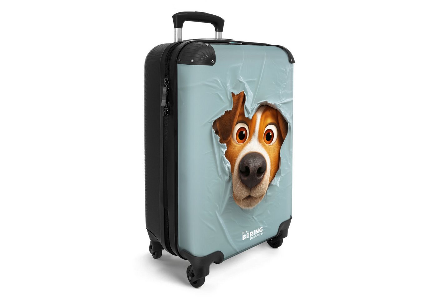 NoBoringSuitcases.com© Kinderkoffer Brauner Hund durch zerrissenes blaues Plastik 55x35x20cm, 4 Rollen, Kinder Koffer Klein, Trolley Handgepäck, Reisekoffer Bild 3