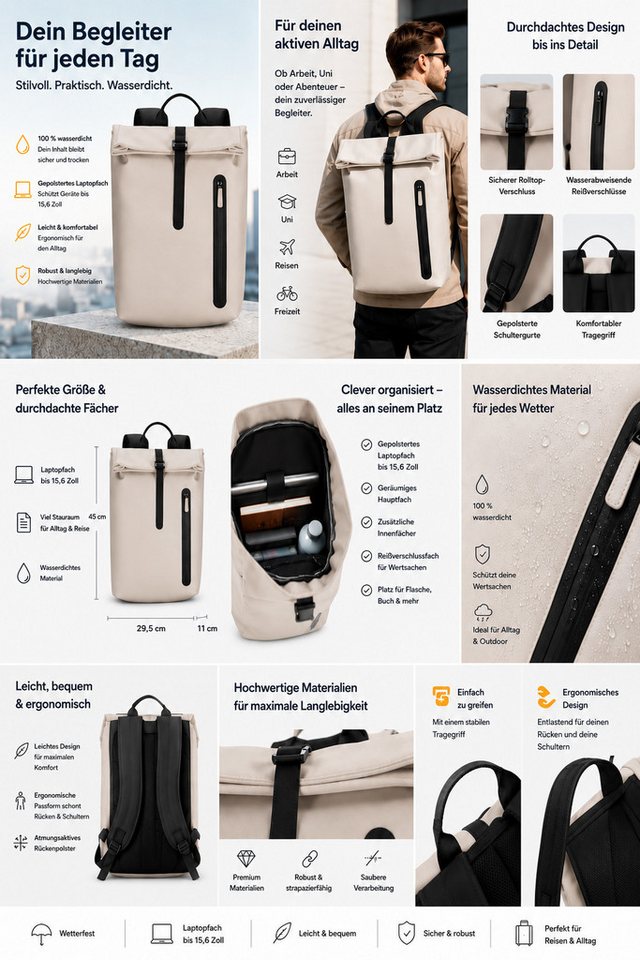 AMBIENTE-LEBENSART.DE Freizeitrucksack Rolltop Rucksack Wasserabweisend Damen Herren Laptop Fach ALLROUNDER