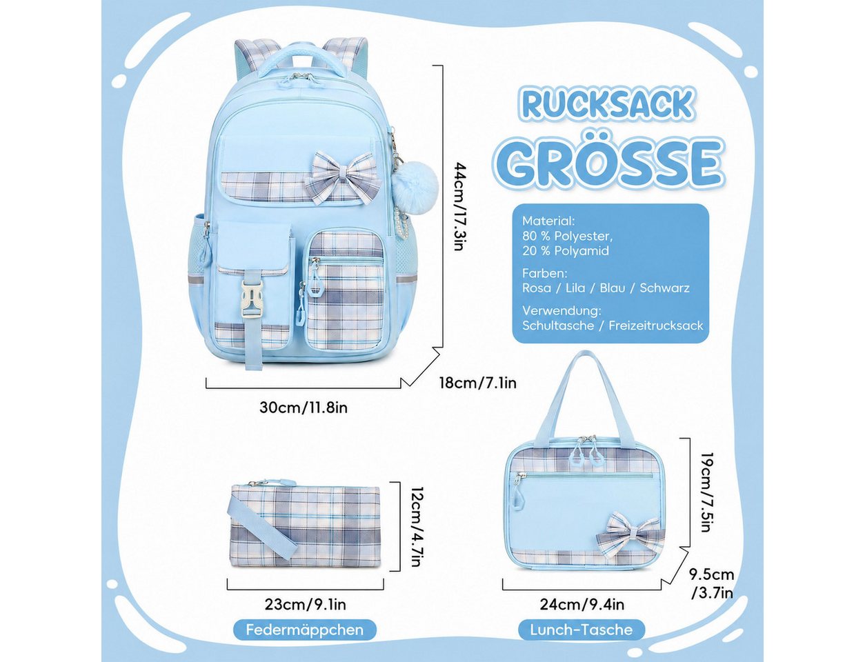 MOPUEA Schulrucksack Schulrucksack Set Schultasche 3-teilig mit Lunchtasche Federmappe (Set, 3-tlg., Atmungsaktiv Wasserabweisender), Leicht Schulrucksack Teenager für Schule, Reisen und Freizeit Bild 2
