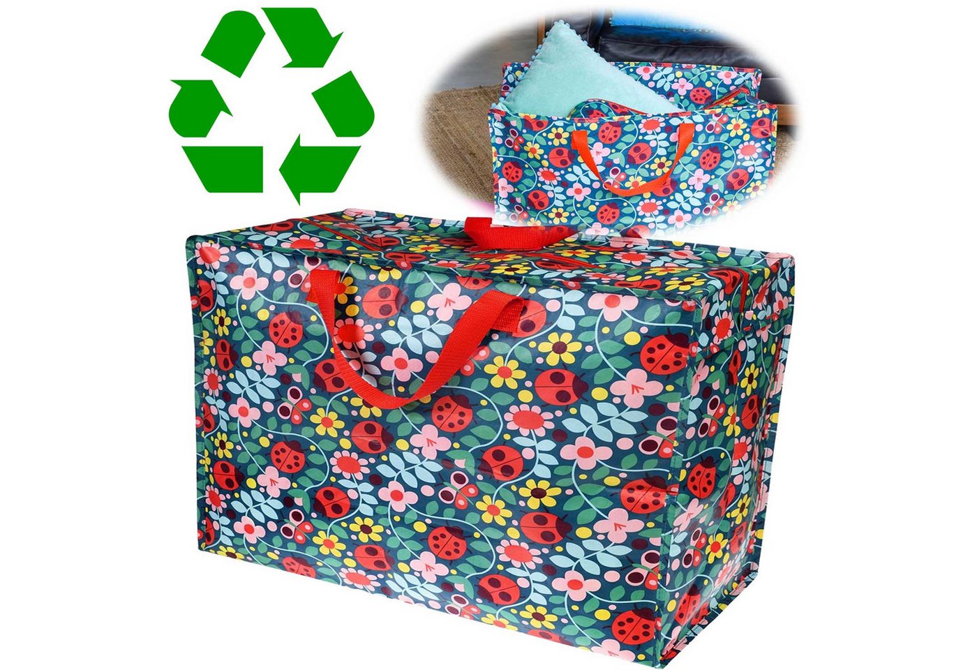 LS-LebenStil Aufbewahrungstasche XXL Jumbo Bag Marienkäfer 55cm Recycelt Nachhaltig Einkaufstasche (Unterbettkommode Organizer Aufbewahrungsbox, 1-tlg., Einkaufstasche mit Reißverschluss Shopper Riesentasche Tragetasche), Aufbewahrung von Bettwäsche Kleidung Wäsche Spielzeug - Rechteckig Bild 2