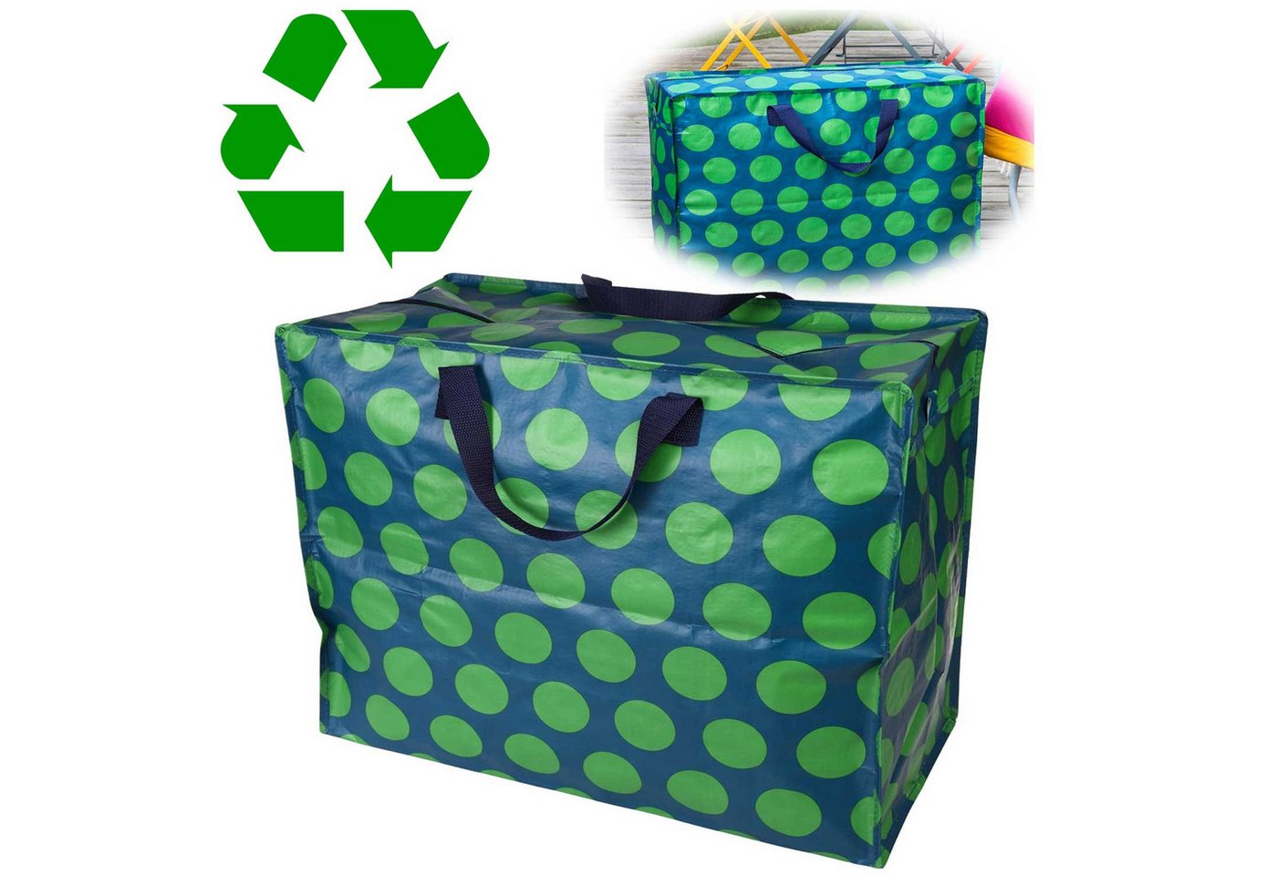 LS-LebenStil Aufbewahrungstasche XXL Jumbo Bag Green Spotlight 55cm Recycelt Nachhaltig Einkaufstasche (Unterbettkommode Organizer Aufbewahrungsbox, 1-tlg., Einkaufstasche mit Reißverschluss Shopper Riesentasche Tragetasche), Aufbewahrung von Bettwäsche Kleidung Wäsche Spielzeug - Rechteckig Bild 2
