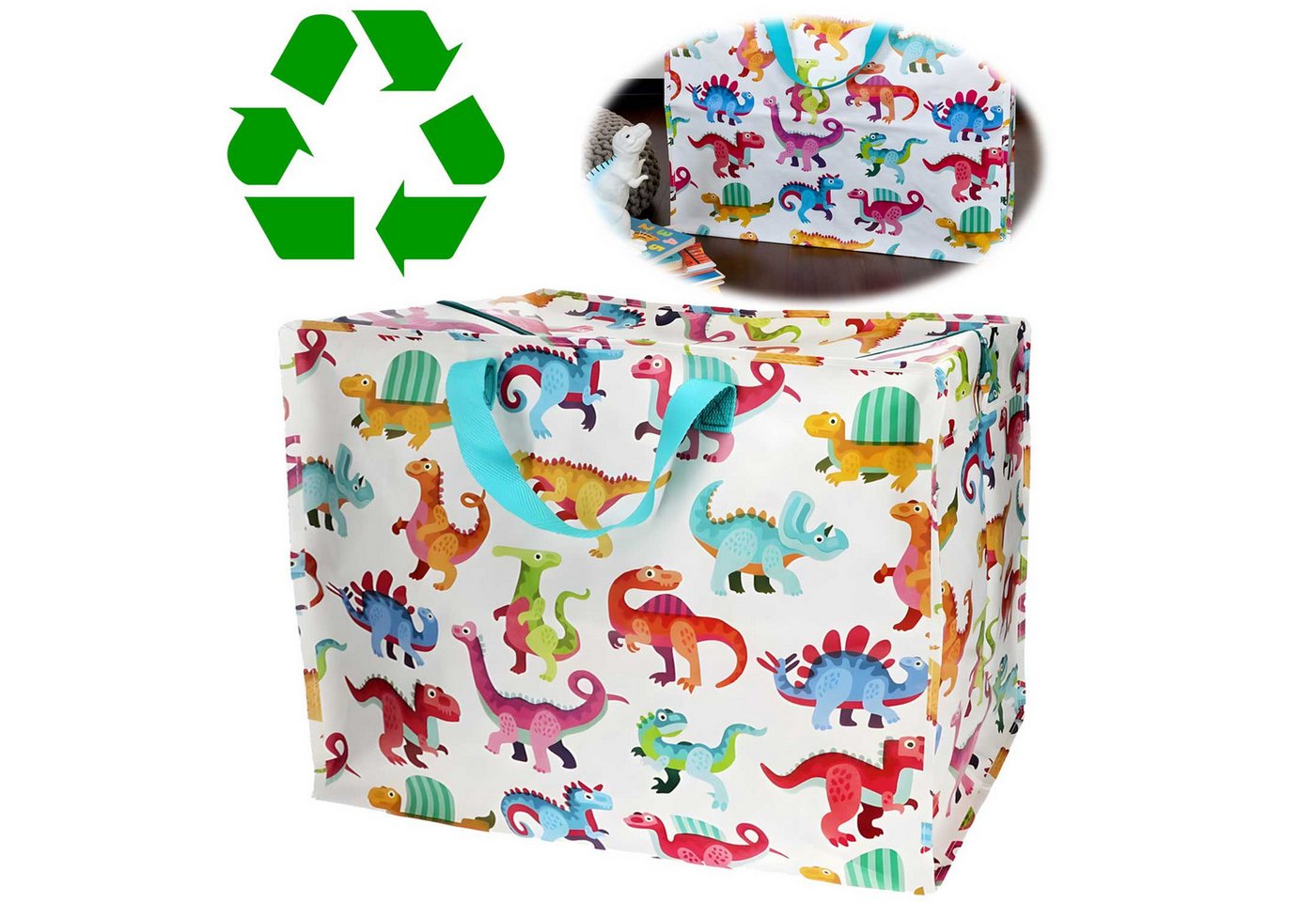LS-LebenStil Aufbewahrungstasche XXL Jumbo Bag Baby Dinos 55cm Recycelt Nachhaltig Einkaufstasche (Unterbettkommode Organizer Aufbewahrungsbox, 1-tlg., Einkaufstasche mit Reißverschluss Shopper Riesentasche Tragetasche), Aufbewahrung von Bettwäsche Kleidung Wäsche Spielzeug - Rechteckig