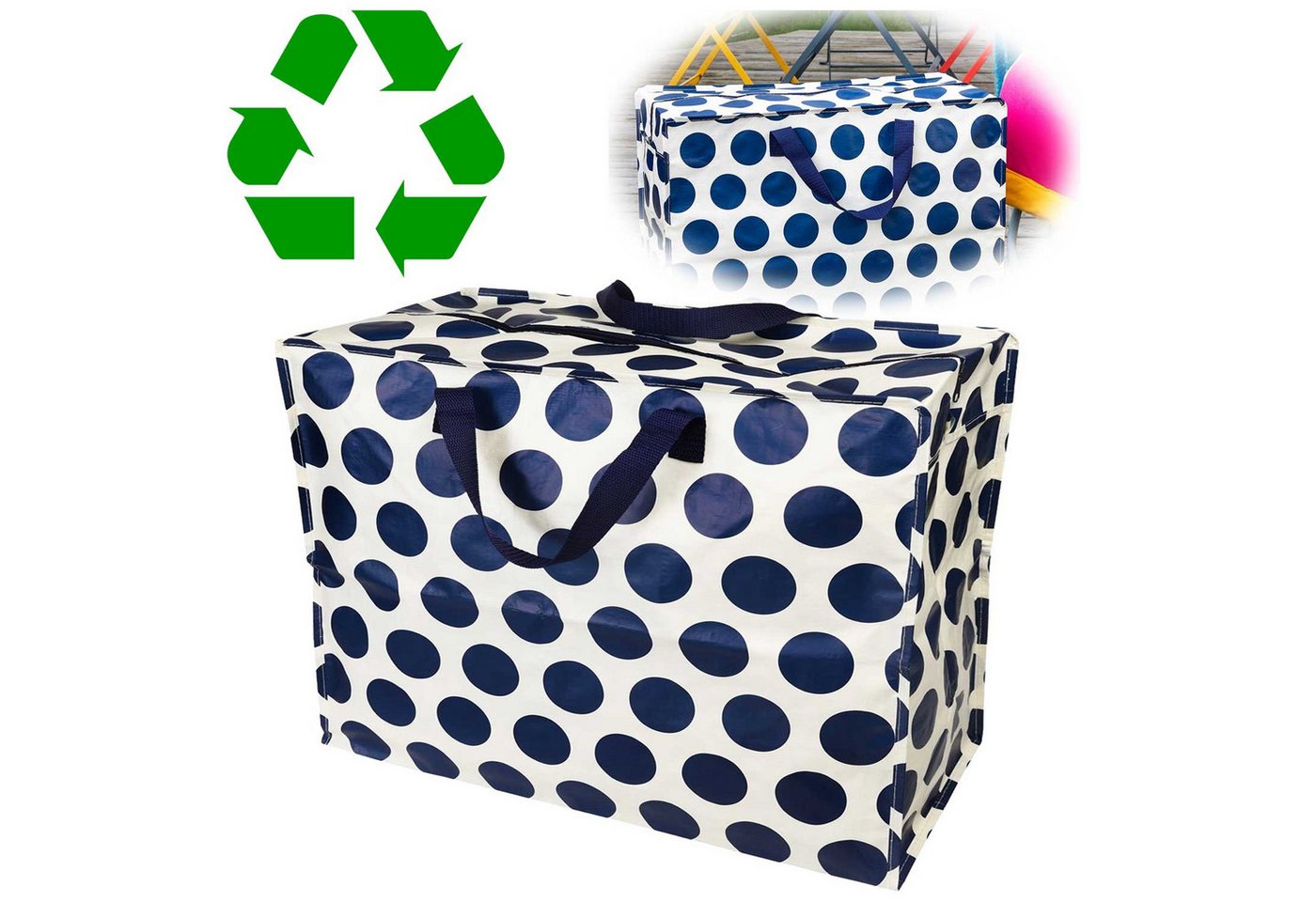 LS-LebenStil Aufbewahrungstasche XXL Jumbo Bag Navy Spotlight 55cm Recycelt Nachhaltig Einkaufstasche (Unterbettkommode Organizer Aufbewahrungsbox, 1-tlg., Einkaufstasche mit Reißverschluss Shopper Riesentasche Tragetasche), Aufbewahrung von Bettwäsche Kleidung Wäsche Spielzeug - Rechteckig Bild 5