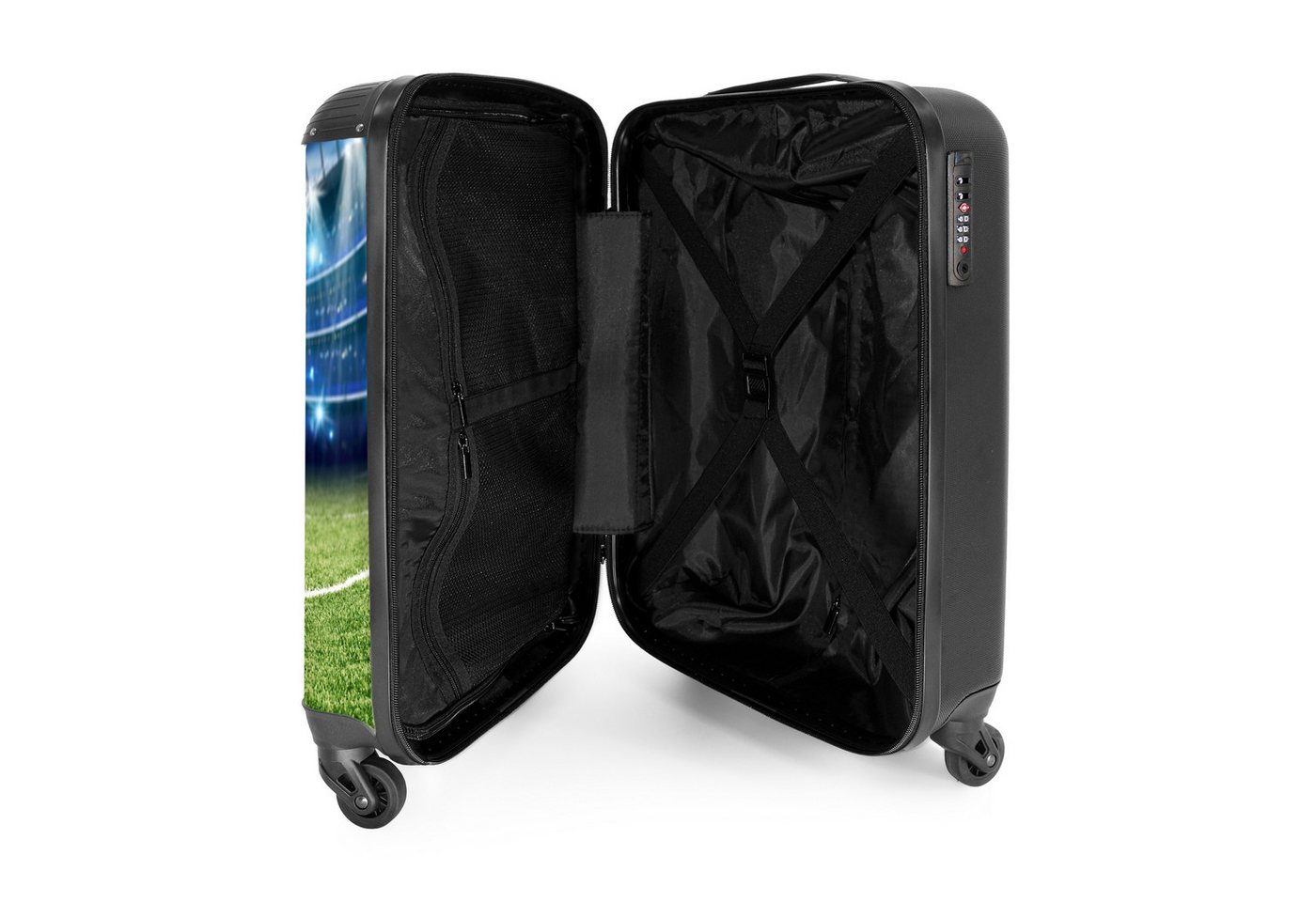 NoBoringSuitcases.com© Kinderkoffer Schwarzer und weißer Fußball in einem Stadion 55x35x20cm, Handgepäck Koffer, Hartschalenkoffer Kinder, Reisekoffer Jungen