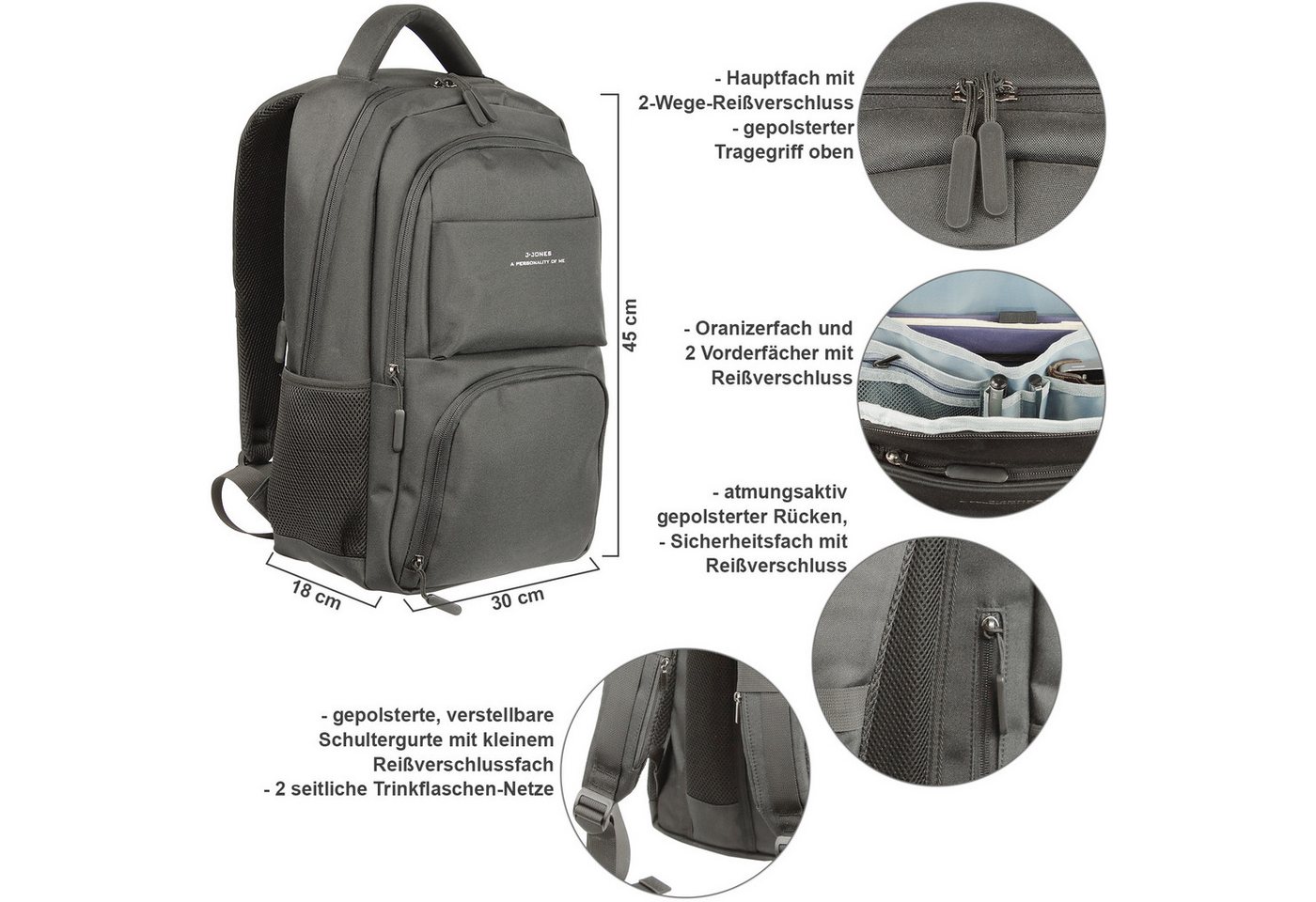 J JONES JENNIFER JONES Daypack Großer Business Rucksack mit Laptopfach 17" gepolstert, Organizerfach, mit Laptopfach Bild 2