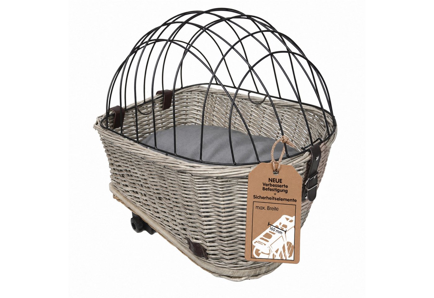 UNUS GARDEN Fahrradkorb Hundefahrradkorb Weide (47x34x29cm (LxBxH), Gitterabdeckung, waschbares Kissen und Schutzriemen Bild 2