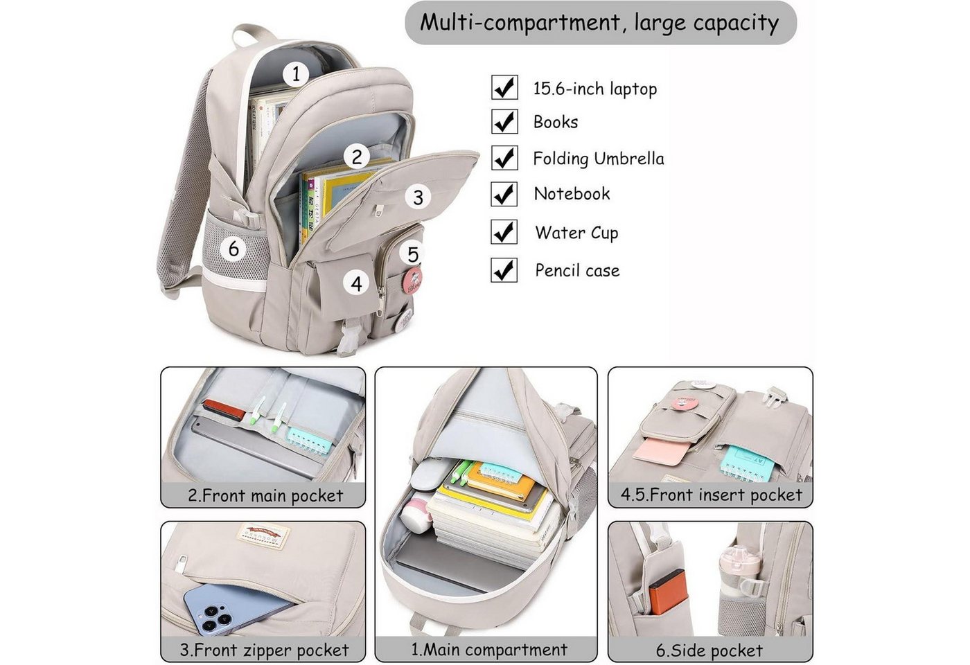 LuxusKollektion Schulrucksack Rucksack Damen Schulrucksack Mädchen Teenager Cute Anime Bookbag Grau Bild 3