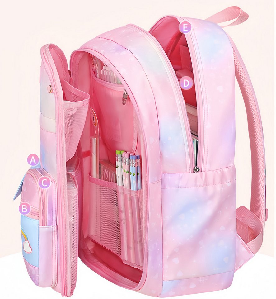 FOUORTUNATE-BEE Schulrucksack Mädchen Rucksack Rosa Regenbogen Schulrucksack Wasserabweisend, Freizeitrucksack für Schule Reisen Wandern Camping Ausflug Kinder Bild 2