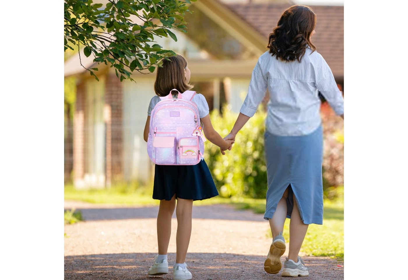 FOUORTUNATE-BEE Schulrucksack Mädchen Rucksack Rosa Regenbogen Schulrucksack Wasserabweisend, Freizeitrucksack für Schule Reisen Wandern Camping Ausflug Kinder Bild 4