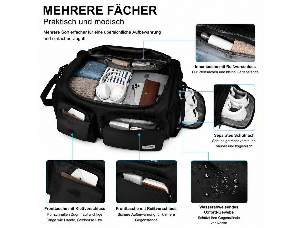 ibettertec Sporttasche Reisetasche für Damen und Herren, für Sport Fitness Schwimmen Reisen (Trainings Tasche, Sport Bag für Sport & Reisen, mit verstellbaren Schultergurten,Schuhfach und Nassfach), Funktionales Design Bild 2