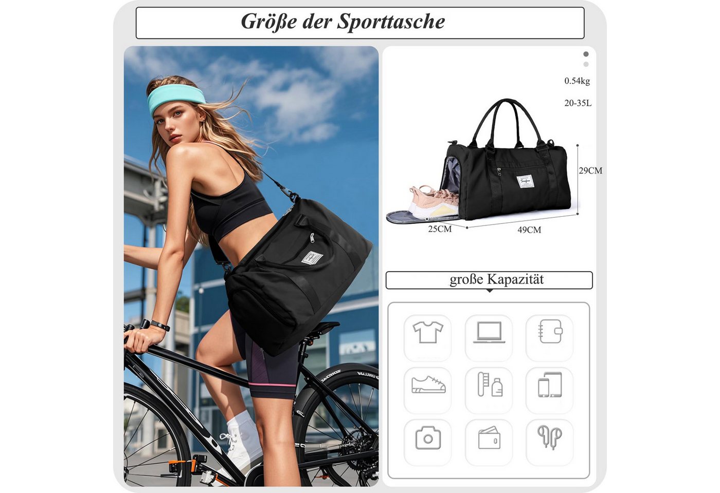 Forrlite Reisetasche Sporttasche wasserdicht Handgepäck-Taschen mit Nassfach & Schuhfach (35L großes Fassungsvermögen, verstellbaren Schultergurten Fitnesstasche, Wasserdicht, Atmungsaktiv, Abriebfest), Travel Gym Tasche Fitnesstasche mit Schultergurt für Herren Damen