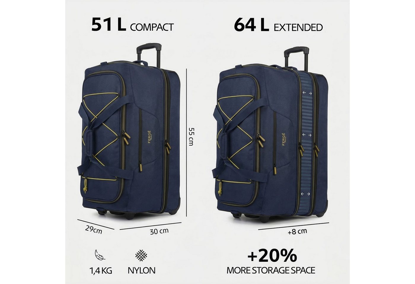 FERGÉ Reisetasche mit Rollen & extra Schuhfach, groß, Handgepäck, Tragetasche aus Nylon, Erweiterbare Reisetasche, Handgepäck / XL, Schuhfach & Außenfächer