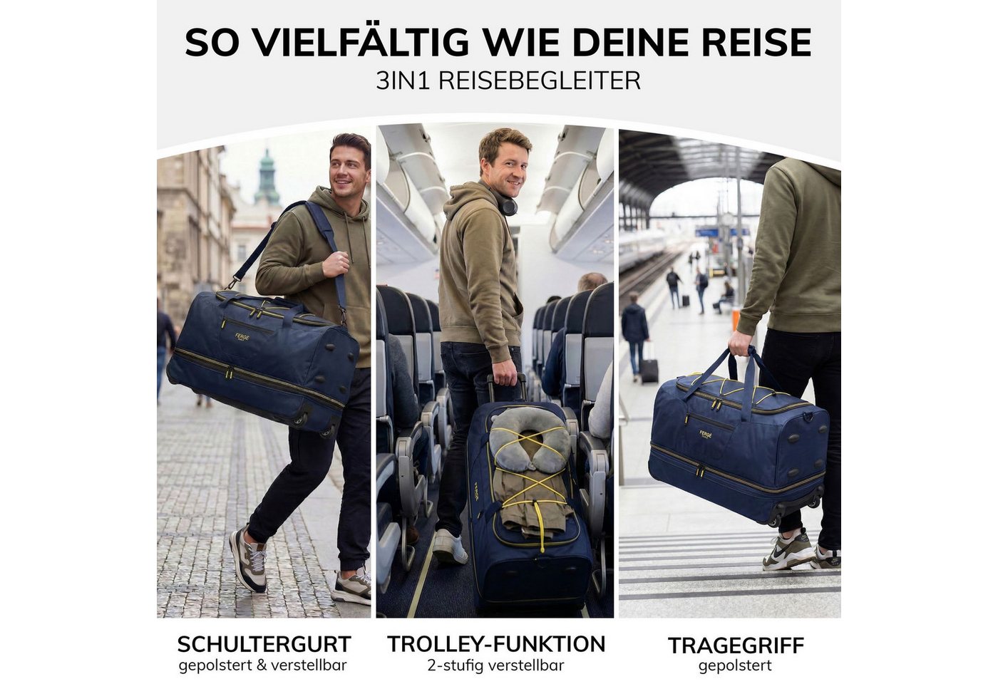 FERGÉ Reisetasche mit Rollen & extra Schuhfach, groß, Handgepäck, Tragetasche aus Nylon, Erweiterbare Reisetasche, Handgepäck / XL, Schuhfach & Außenfächer Bild 5