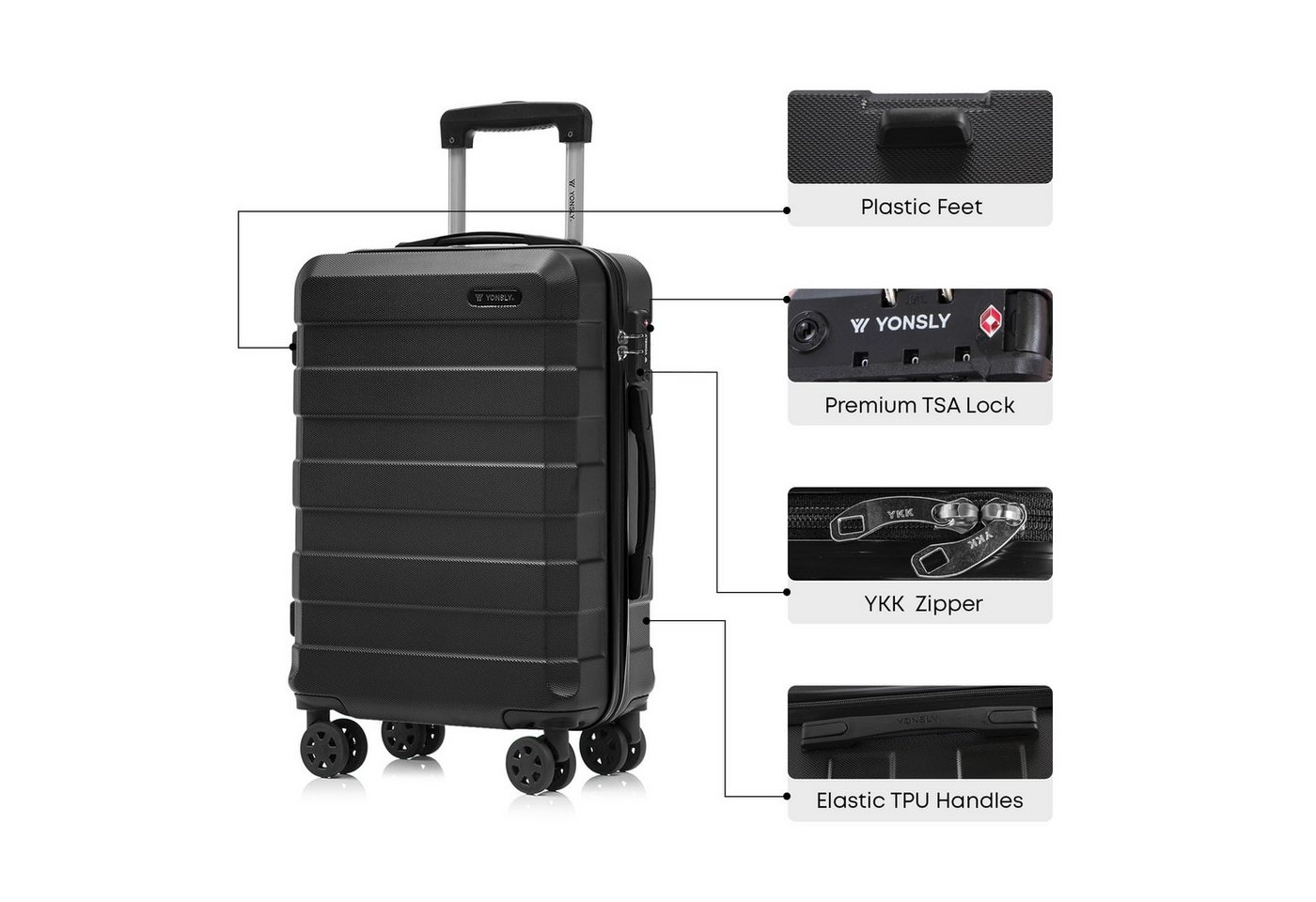 YONSLY Hartschalen-Trolley Hartschalen-Reisekoffer Trolley Rollkoffer Kabinenkoffer aus ABS, 4 Rollen, mit TSA-Schloss, YKK-Reißverschluss, austauschbaren Rollen und Griffen Bild 4