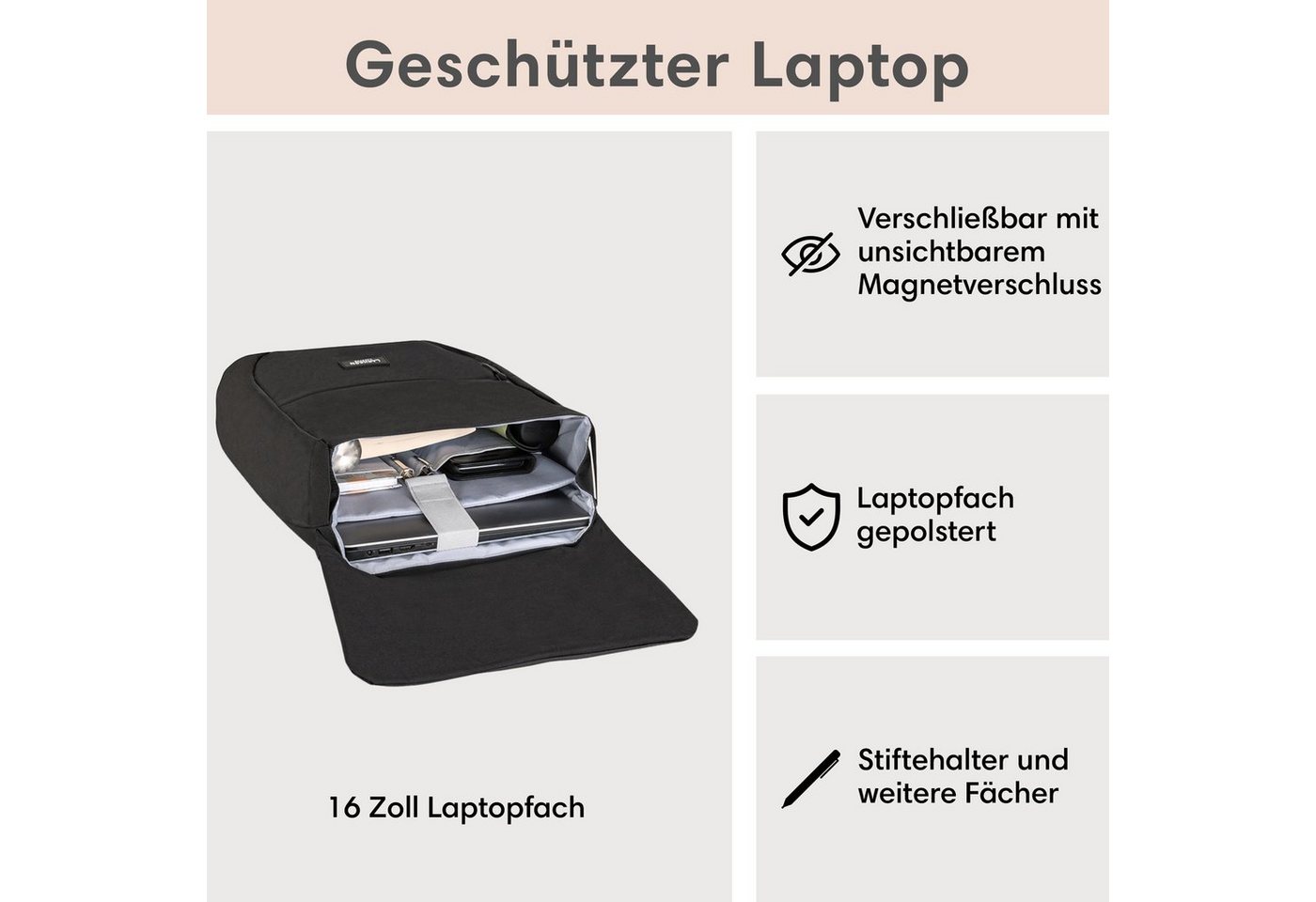 LARKSON Cityrucksack Ronja Laptop Rucksack Damen Herren Klein Elegant (1-tlg), Magnetverschluss, Laptopfach, Wasserabweisend