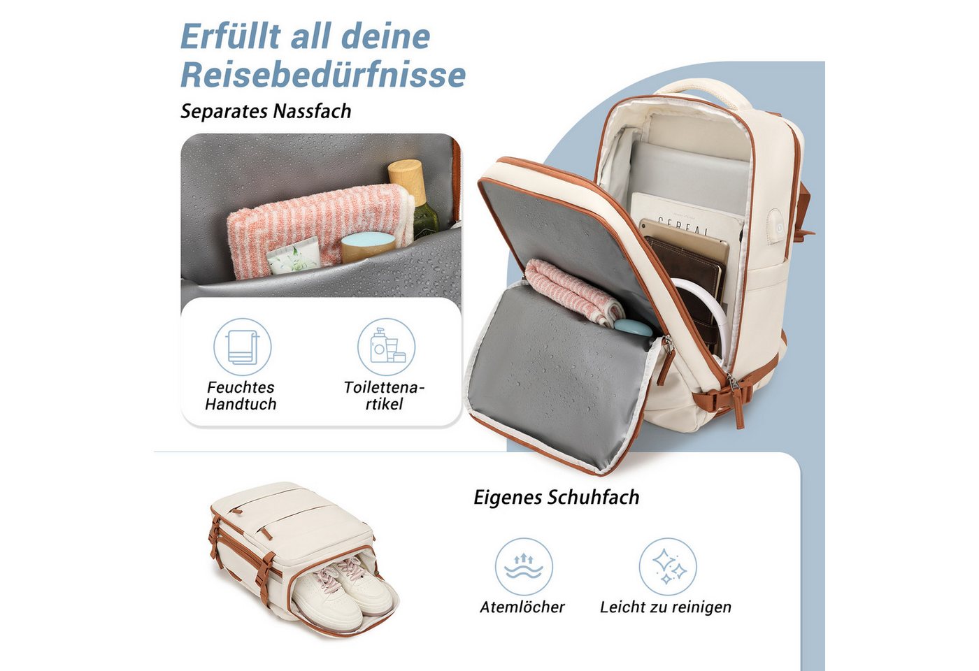 KONO Reiserucksack Handgepäck Laptop Rucksack 42x30x20,25L mit Schuhfach für Reisen&Sport Bild 3