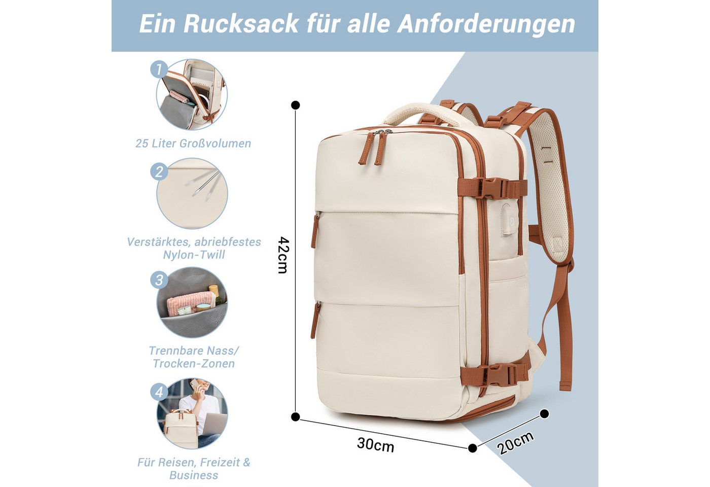 KONO Reiserucksack Handgepäck Laptop Rucksack 42x30x20,25L mit Schuhfach für Reisen&Sport Bild 5