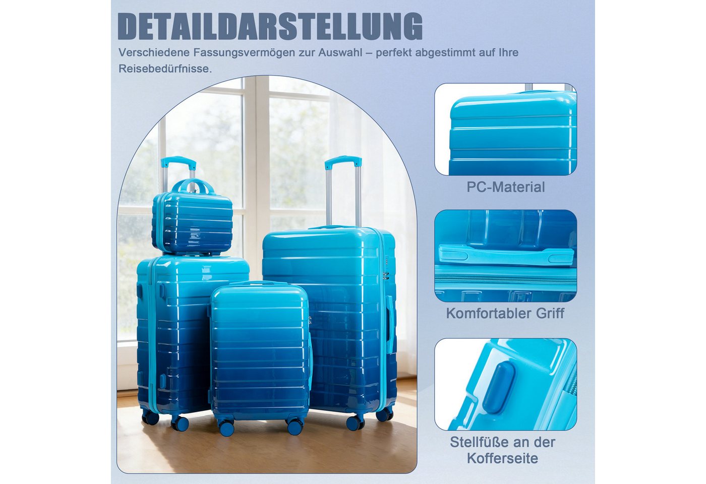 GLP Trolleyset 14"/20"/24"/28" PC-Hartschalen Koffer Set für jede Reise, (Hartschalen-Koffer mit leisen 360° Rädern, 4 tlg., Leicht & strapazierfähig), ergonomischem Teleskopgriff für Reisen & Business Bild 4