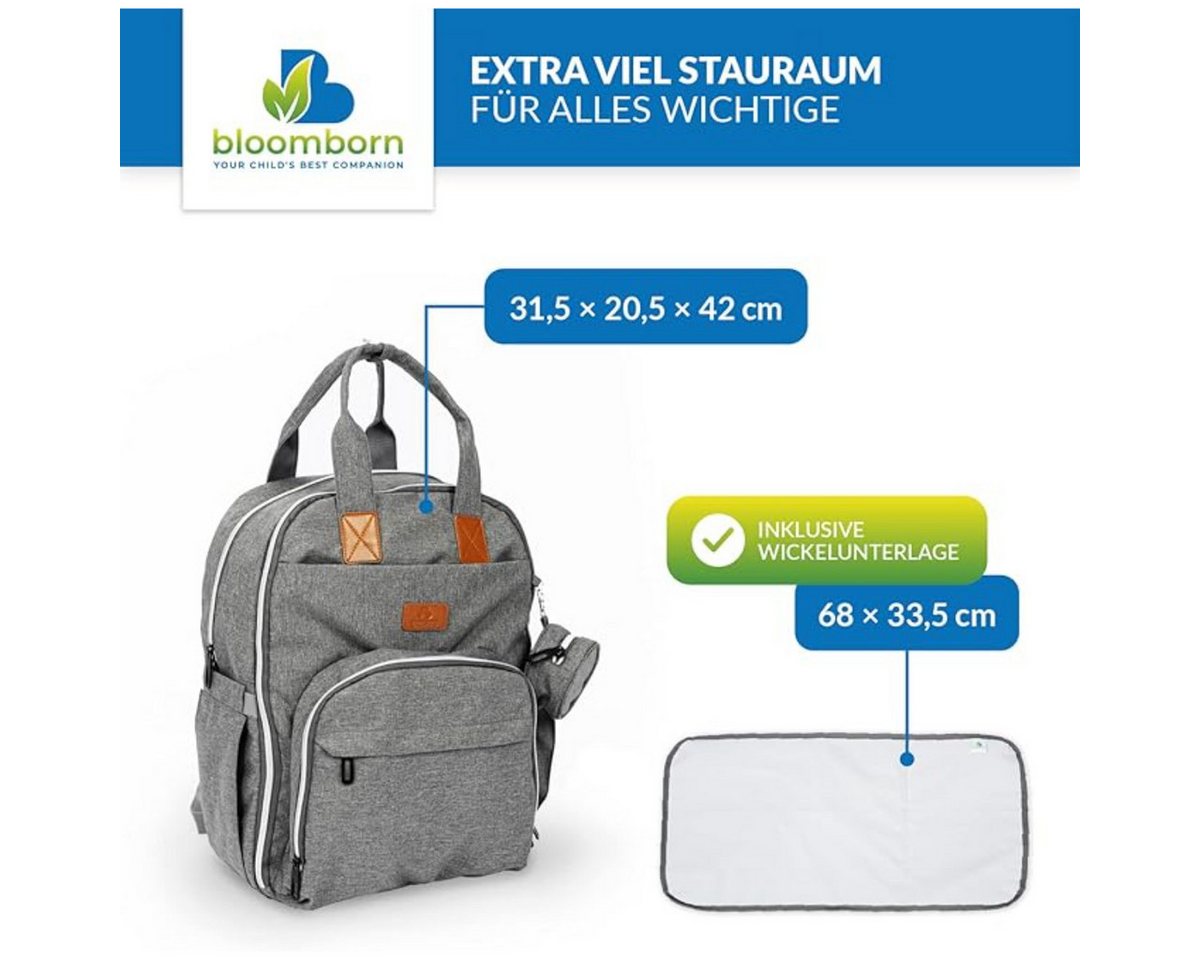 bloomborn Wickelrucksack groß Grau mit Wickelunterlage und Kinderwagenhaken (1-tlg)