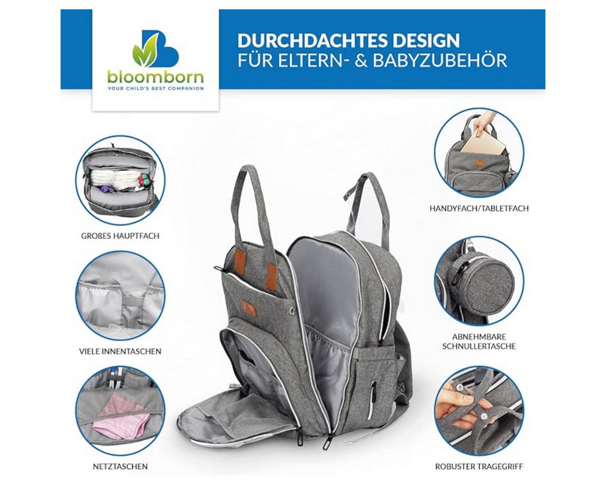 bloomborn Wickelrucksack groß Grau mit Wickelunterlage und Kinderwagenhaken (1-tlg) Bild 2