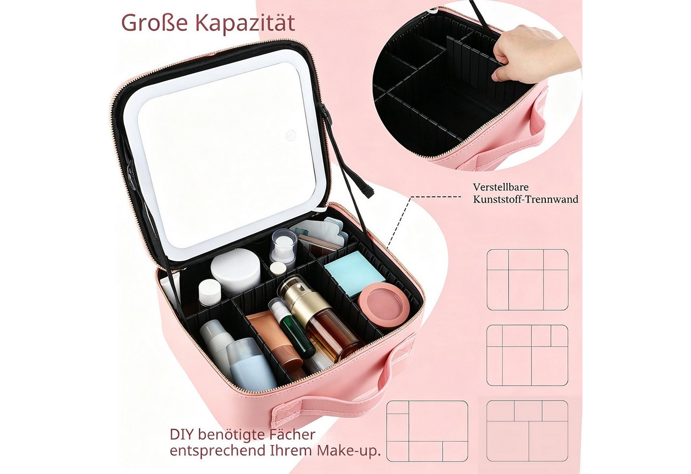 ibettertec Kosmetiktasche Make up Tasche mit LED Beleuchtung Licht, Kosmetikkoffer Tasche Damen, Schminkkoffer Geschenk für Frau, Koffer Verstauen für Reisen