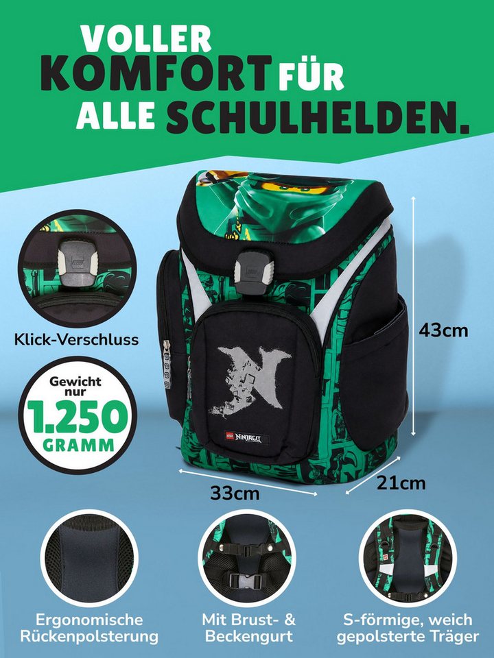LEGO® Bags Schulranzen Explorer Lego Ninjago Schultasche ab der 1. Klasse (Set, 8-tlg., mit Federmappe, Brotdose und Trinkflasche), ergonomisch, mit Hüft- & Brustgurt, grüner Ninja Lloyd