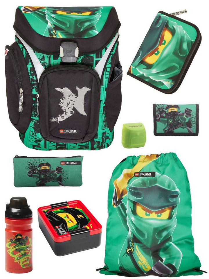 LEGO® Bags Schulranzen Explorer Lego Ninjago Schultasche ab der 1. Klasse (Set, 8-tlg., mit Federmappe, Brotdose und Trinkflasche), ergonomisch, mit Hüft- & Brustgurt, grüner Ninja Lloyd Bild 3