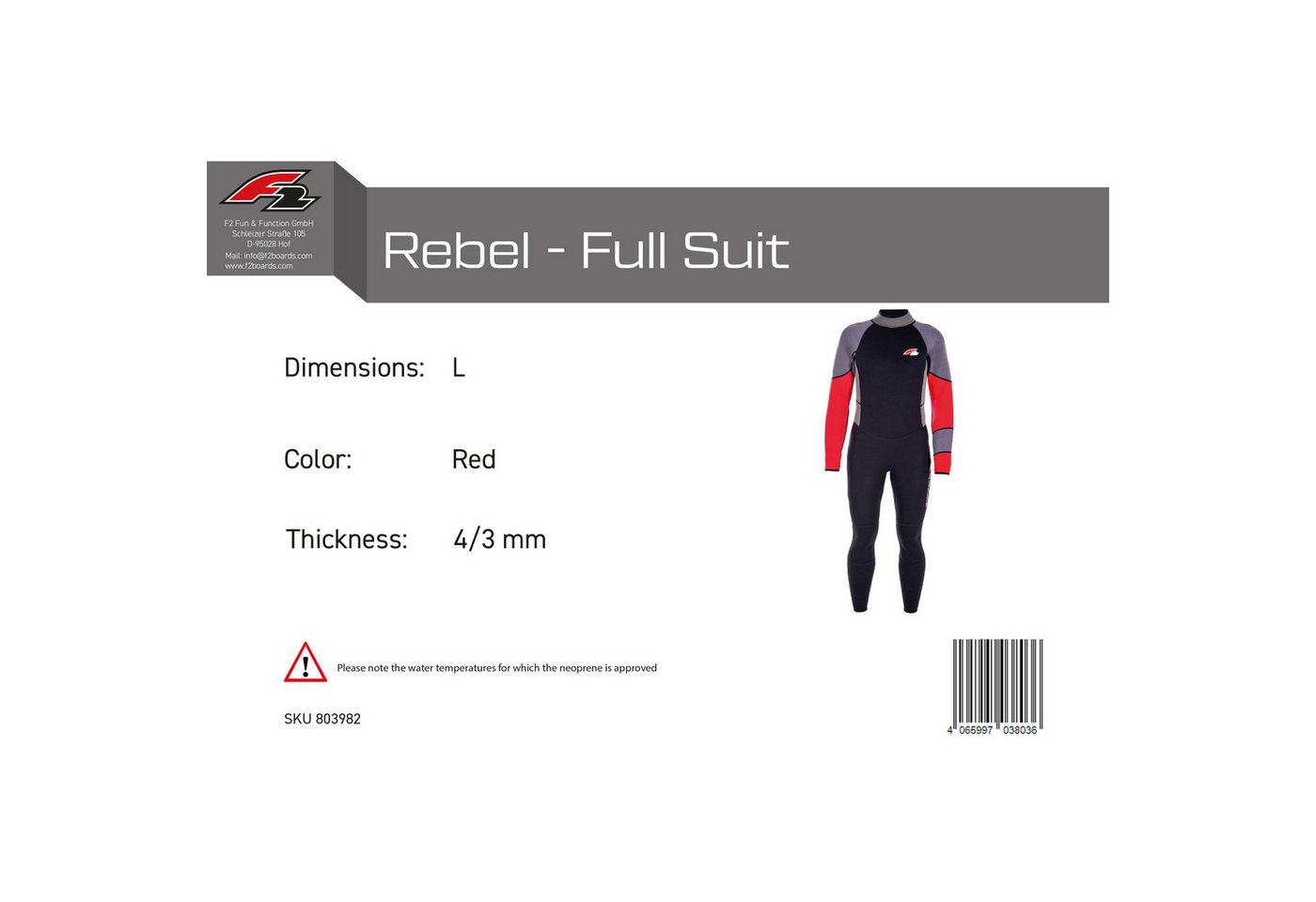 F2 Neoprenanzug F2 Herren Neopren Anzug Rebel - Full Suit 4/3 mm L Rot