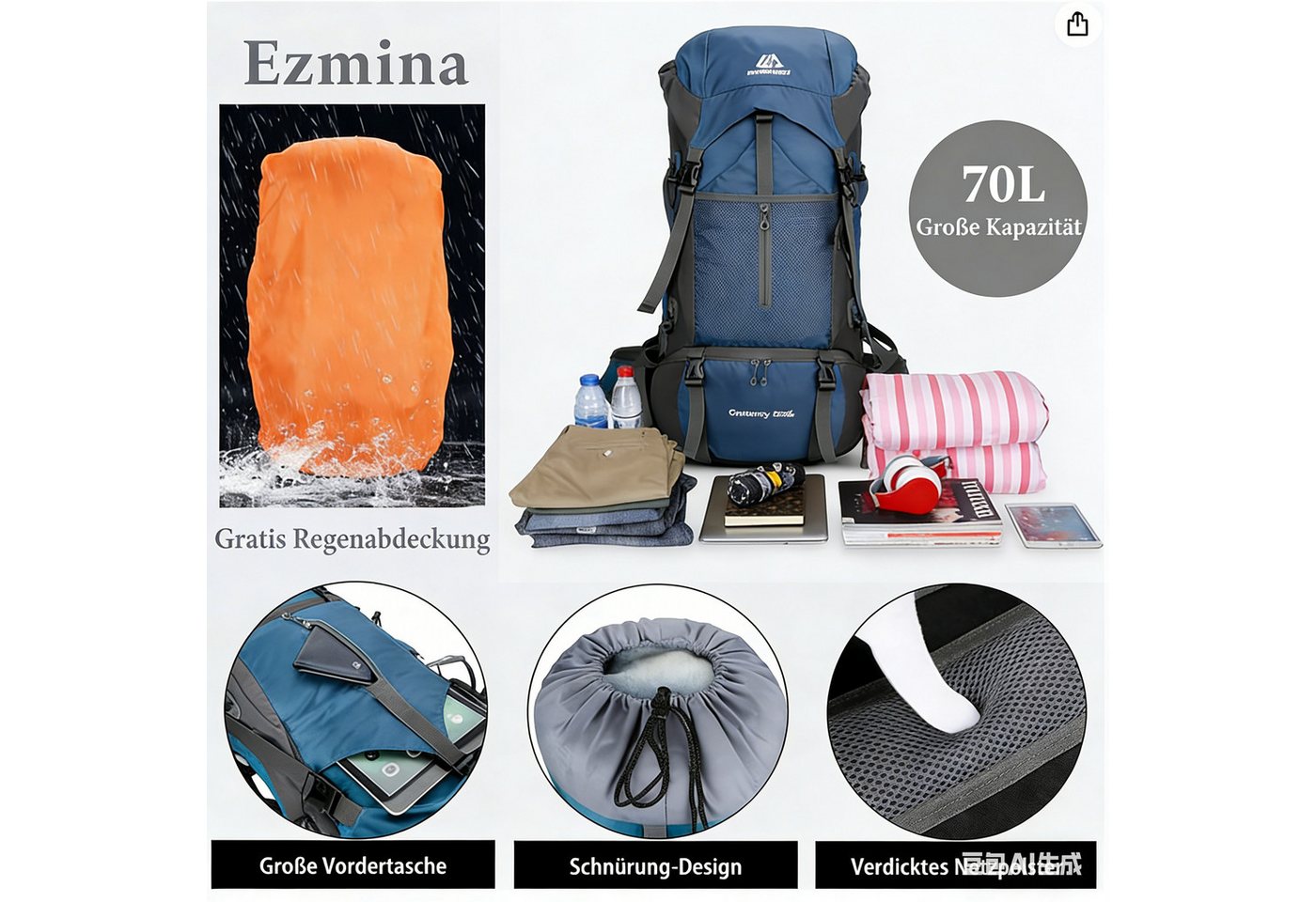 GARRYFIZH Wanderrucksack 70L Trekkingrucksack Reiserucksack mit Rückenbelüftung, Regenschutz (Wird mit Regenschutz geliefert), Reißfest, Wasserdicht, Verstellbare Schultergurte Hüftgurt Brustgurt