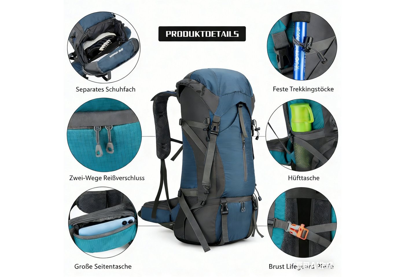 GARRYFIZH Wanderrucksack 70L Trekkingrucksack Reiserucksack mit Rückenbelüftung, Regenschutz (Wird mit Regenschutz geliefert), Reißfest, Wasserdicht, Verstellbare Schultergurte Hüftgurt Brustgurt Bild 2