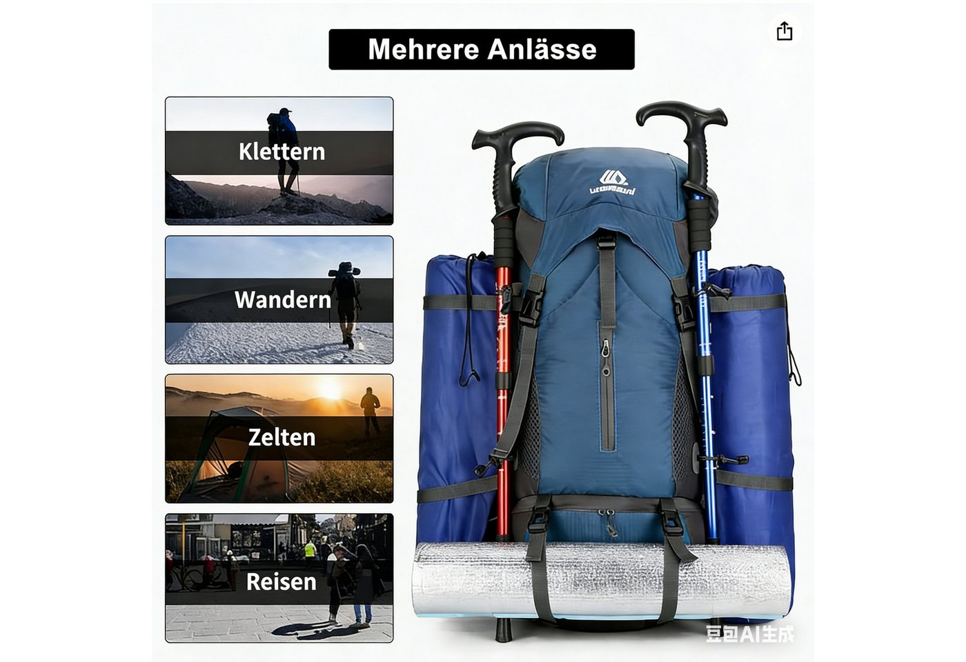 GARRYFIZH Wanderrucksack 70L Trekkingrucksack Reiserucksack mit Rückenbelüftung, Regenschutz (Wird mit Regenschutz geliefert), Reißfest, Wasserdicht, Verstellbare Schultergurte Hüftgurt Brustgurt Bild 3