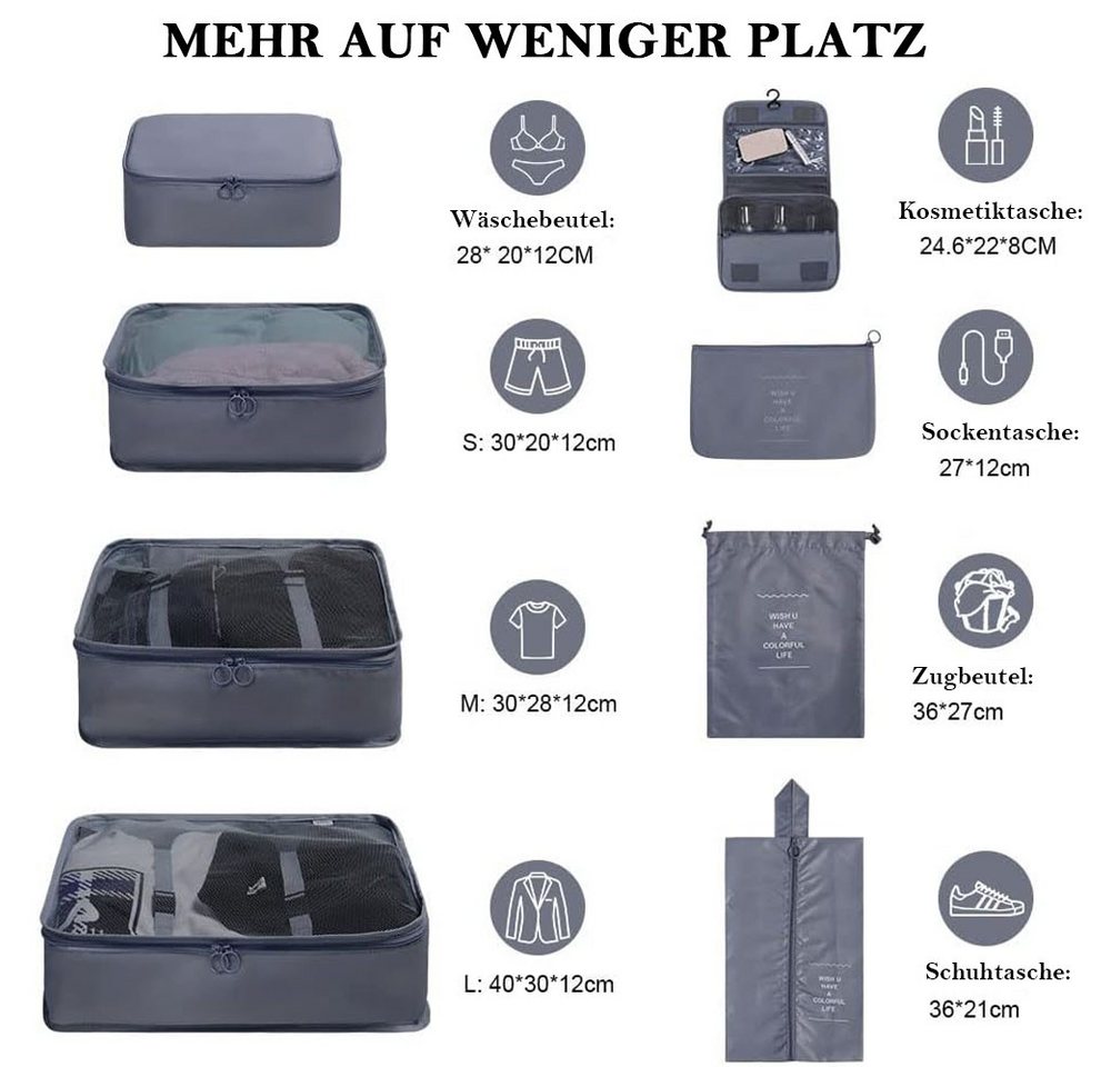 TUWENA Kofferorganizer Koffer Organizer Set 8-teiliges, Packing Cubes, Reise Kleidertaschen, Reise Essentials Organizer - Kosmetiktasche, Kleidertasche Schuhbeutel Bild 4