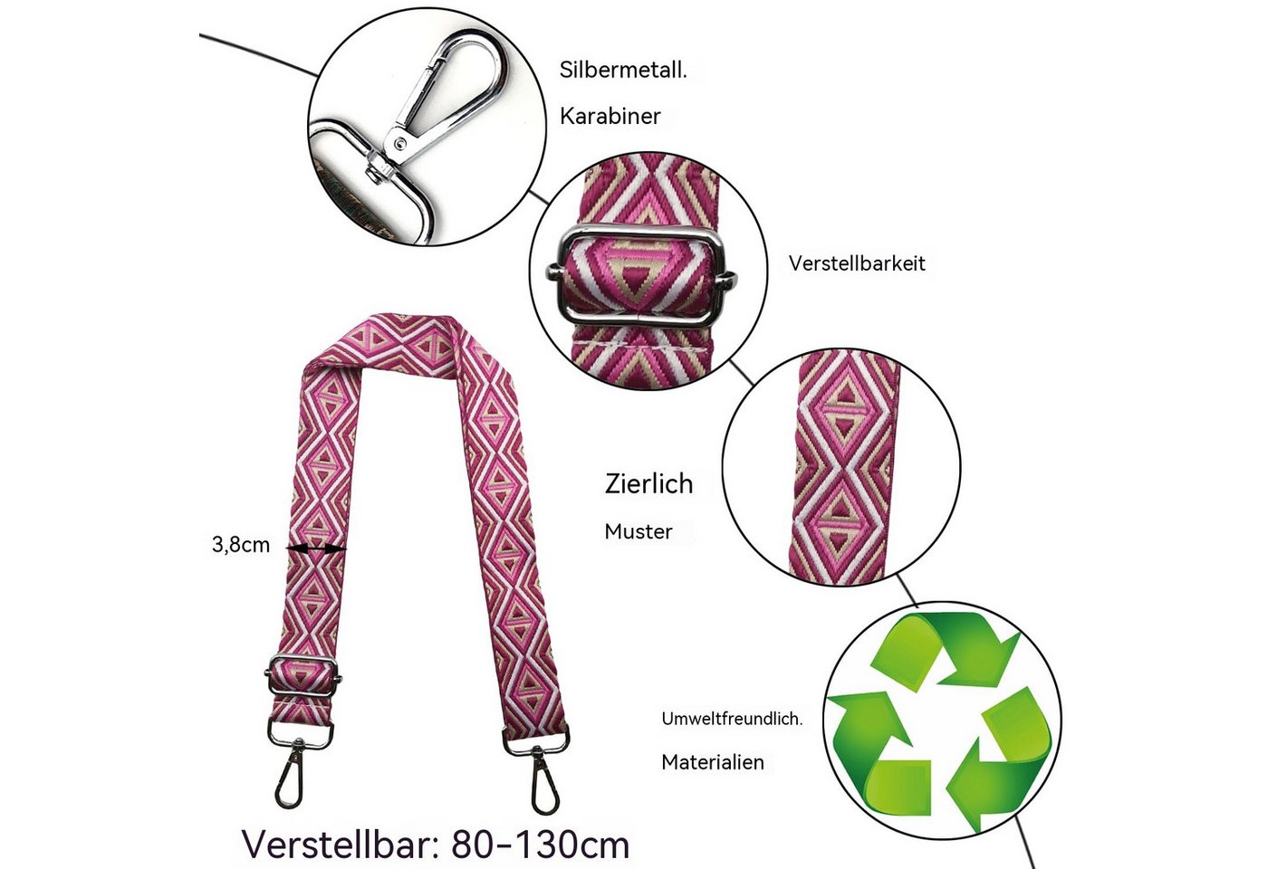Agger Schulterriemen Taschengurt für Damen & Herren,Verstellbarer Schultergurt,3.8cm Breit Bohemian Style,Schulterriemen für Handtaschen Damen