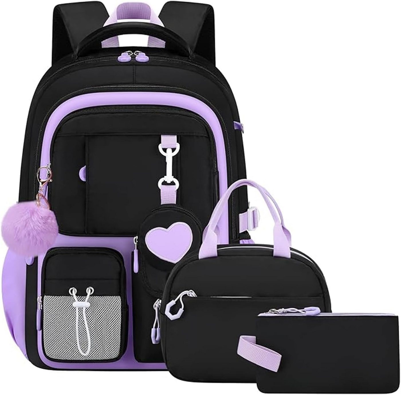 MOPUEA Schulrucksack Schultasche Mädchen Teenager Kawaii 23 L für 3.-7. Klasse (Schulrucksack-Set mit Lunch Tasche und Federmäppchen, 4-tlg., Mit Schulrucksack Lunch Tasche Federmäppchen und Geldbörse), Leicht Wasserabweisend Großes Fassungsvermögen Ergonomisch